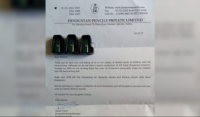 ಎಡಗೈ ಬಳಸುವ ಮುಂಬೈ ಬಾಲಕಿಗೆ ವಿಶೇಷ ಶಾರ್ಪನರ್‌ಗಳನ್ನು ಕಳುಹಿಸಿ ಹೃದಯಗಳನ್ನು ಗೆದ್ದ ಕಂಪನಿ