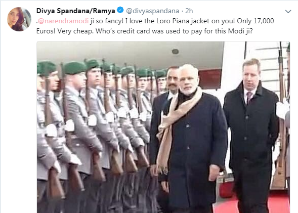 13 ಲಕ್ಷ ರೂ. ಮೌಲ್ಯದ ಜಾಕೆಟ್ ಖರೀದಿಗೆ ಯಾರ ಕ್ರೆಡಿಟ್ ಕಾರ್ಡ್ ಬಳಸಿದ್ದೀರಿ?: ಮೋದಿ ಕಾಲೆಳೆದ ರಮ್ಯಾ