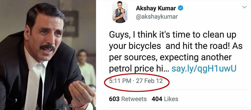 ಪೆಟ್ರೋಲ್ ಬೆಲೆ ಏರಿಕೆಯನ್ನು ವ್ಯಂಗ್ಯ ಮಾಡಿದ ಹಳೆ ಟ್ವೀಟನ್ನು ಡಿಲಿಟ್ ಮಾಡಿದ ಅಕ್ಷಯ್!