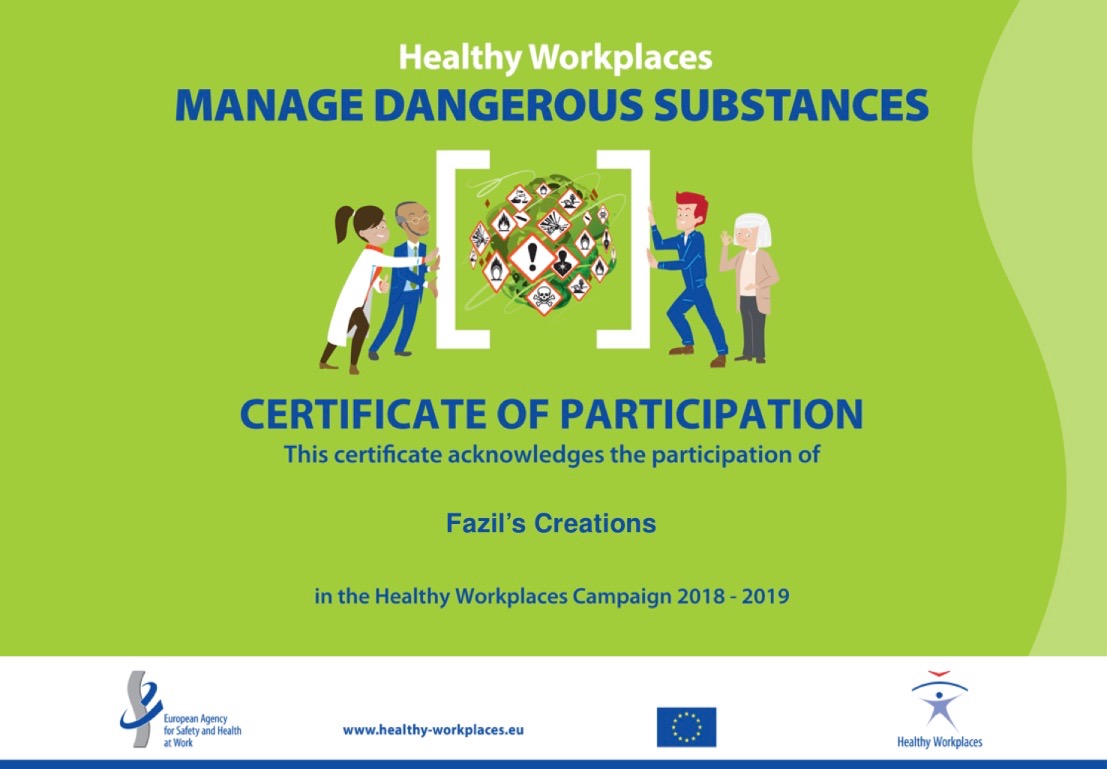 ಕೆಲಸದ ಕಡೆ ಸುರಕ್ಷೆ, ಆರೋಗ್ಯಕ್ಕಾಗಿ ಫಝಿಲ್ಸ್ ಕ್ರಿಯೇಶನ್‌ಗೆ ಯೂರೋಪ್ ಸಂಸ್ಥೆಯಿಂದ ಪ್ರಮಾಣ ಪತ್ರ