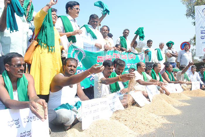 ಮೈಸೂರು: ರಸ್ತೆಗೆ ಭತ್ತ ಸುರಿದು ರೈತರಿಂದ ಪ್ರತಿಭಟನೆ