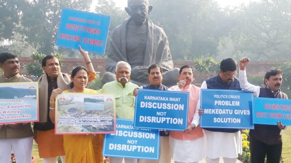 ಮೇಕೆದಾಟು ಅಣೆಕಟ್ಟು ನಿರ್ಮಾಣಕ್ಕೆ ಆಗ್ರಹಿಸಿ ಕರ್ನಾಟಕದ ಶಾಸಕರಿಂದ ಪ್ರತಿಭಟನೆ