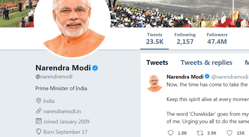 ಟ್ವಿಟರ್ ಖಾತೆಯ ಹೆಸರಿನಿಂದ ‘ಚೌಕೀದಾರ್’ ಪದ ತೆಗೆದ ಮೋದಿ