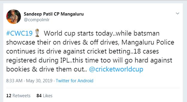 ವಿಶ್ವಕಪ್ ಕ್ರಿಕೆಟ್: ಬೆಟ್ಟಿಂಗ್ ದಂಧೆಕೋರರಿಗೆ ಮಂಗಳೂರು ಕಮಿಷನರ್ ಎಚ್ಚರಿಕೆ