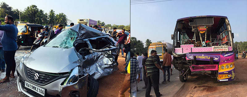 ಪಡುಬಿದ್ರೆ : ಬಸ್ಸು-ಕಾರು ಢಿಕ್ಕಿ; ಯುವತಿ ಮೃತ್ಯು, ಮೂವರಿಗೆ ಗಾಯ