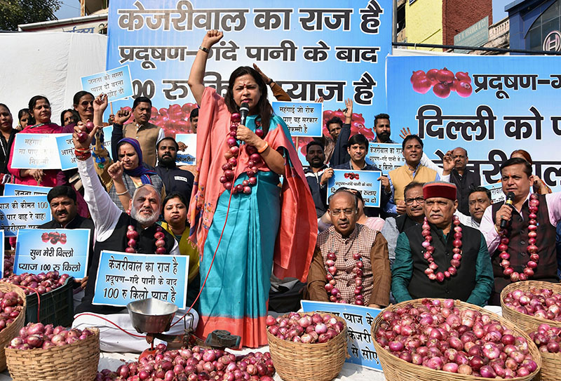 ಈರುಳ್ಳಿ ಮಾಲೆ ಧರಿಸಿ ಪ್ರತಿಭಟನೆ