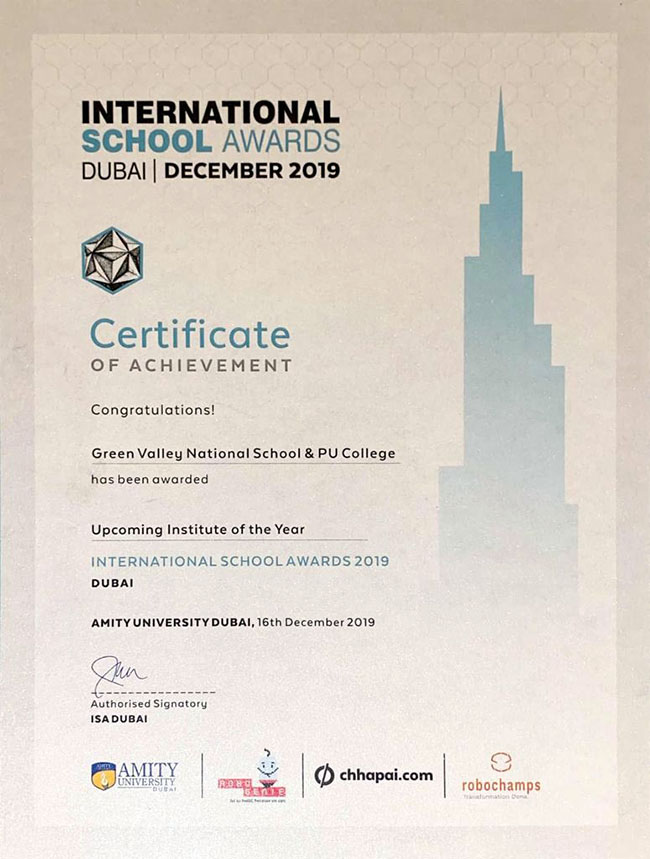 ದುಬೈ : ಗ್ರೀನ್ ವ್ಯಾಲಿ ನ್ಯಾಷನಲ್ ಸ್ಕೂಲ್ ಗೆ ಅಪ್ ಕಮಿಂಗ್ ಇನ್ಸ್ ಟಿಟ್ಯೂಟ್ ಆಫ್ ದಿ ಇಯರ್ ಪ್ರಶಸ್ತಿ