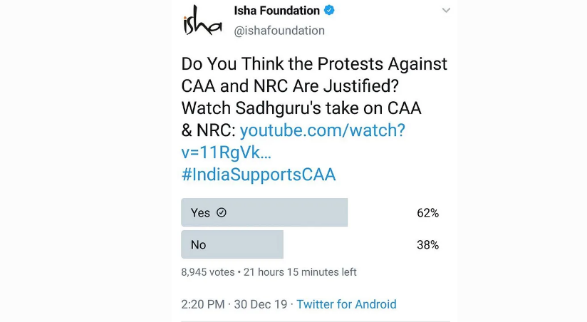 ಪೌರತ್ವ ಕಾಯ್ದೆ ಬಗ್ಗೆ ಟ್ವಿಟರ್ ಪೋಲ್ ನಡೆಸಿ ಮುಖಭಂಗಕ್ಕೊಳಗಾದ ಜಗ್ಗಿ ವಾಸುದೇವ್ ಇಶಾ ಫೌಂಡೇಶನ್