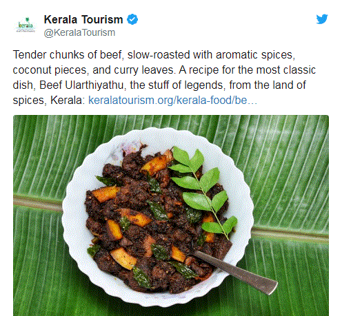 ಕೇರಳ ಪ್ರವಾಸೋದ್ಯಮದ ಟ್ವಿಟರ್ ಹ್ಯಾಂಡಲ್ ನ ಬೀಫ್ ಟ್ವೀಟ್ನಿಂದ ಟ್ವಿಟರ್ ನಲ್ಲಿ ವಾಗ್ಯುದ್ಧ