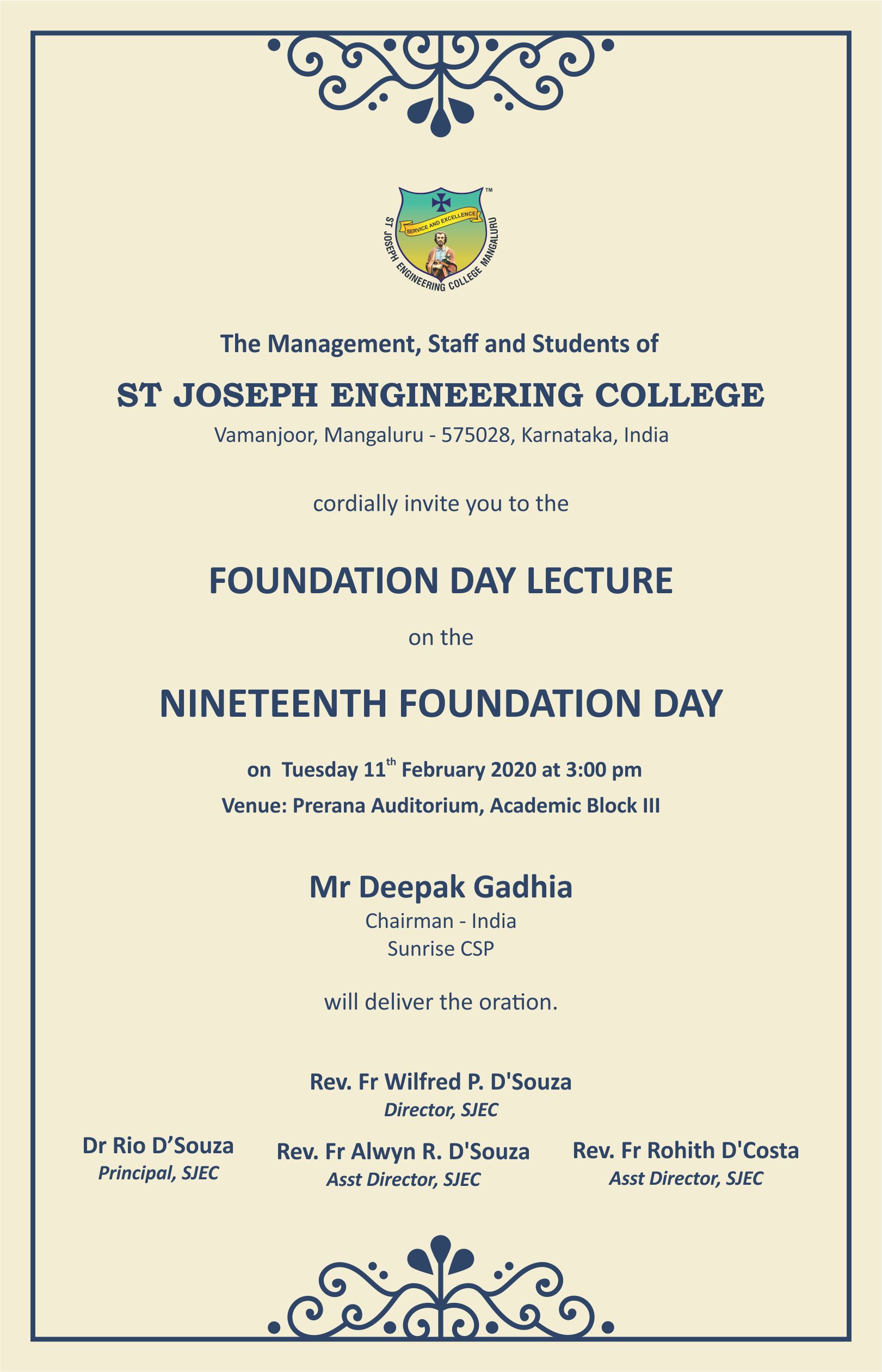 ಫೆ. 11: ಸಂತ ಜೋಸೆಫ್ ಇಂಜಿನಿಯರಿಂಗ್ ಕಾಲೇಜಿನ ಫೌಂಡೇಶನ್ ಡೇ ಉಪನ್ಯಾಸ