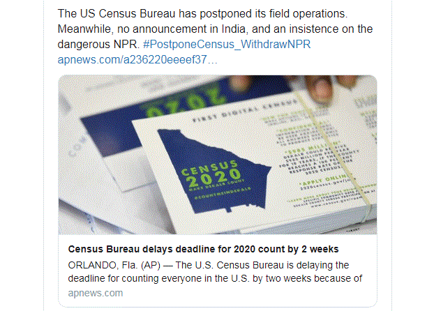 NPR ಹಿಂಪಡೆಯಿರಿ, ಜನಗಣತಿ ಮುಂದೂಡಿ: ಕೊರೊನಾ ಭೀತಿಯ ಹಿನ್ನೆಲೆಯಲ್ಲಿ ಟ್ವಿಟರ್ ನಲ್ಲಿ ಅಭಿಯಾನ