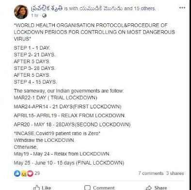 ವಿಶ್ವ ಆರೋಗ್ಯ ಸಂಸ್ಥೆಯಿಂದ 4 ಹಂತದ ಲಾಕ್ ಡೌನ್ಗೆ ಶಿಫಾರಸು: ವೈರಲ್ ಸಂದೇಶದ ಅಸಲಿಯತ್ತೇನು ?