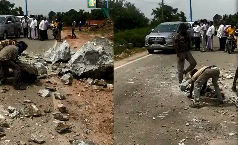 ಕಾರಿನಲ್ಲಿ ಬರುತ್ತಿದ್ದ ವೇಳೆ ರಸ್ತೆ ಬದಿಯ ಕಲ್ಲು ಬಂಡೆ ಸ್ಫೋಟ: ಸಚಿವ ನಾರಾಯಣಗೌಡ ಅಪಾಯದಿಂದ ಪಾರು