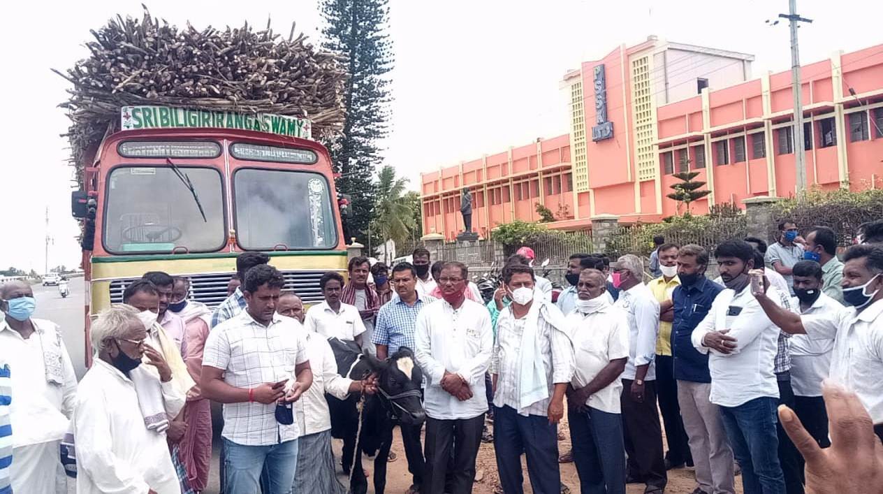 ಪಾಂಡವಪುರ: ತಮಿಳುನಾಡಿಗೆ ಕಬ್ಬು ಸಾಗಿಸುತ್ತಿದ್ದ ಲಾರಿಗಳನ್ನು ತಡೆದು ರೈತರ ಪ್ರತಿಭಟನೆ