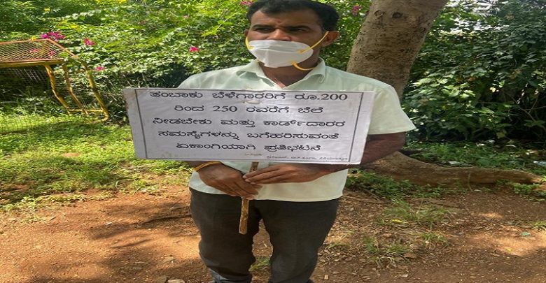 ತಂಬಾಕು ಬೆಳೆಗೆ ಹೆಚ್ಚಿನ ಬೆಲೆ ನೀಡಲು ಆಗ್ರಹಿಸಿ ಏಕಾಂಗಿ ಧರಣಿ