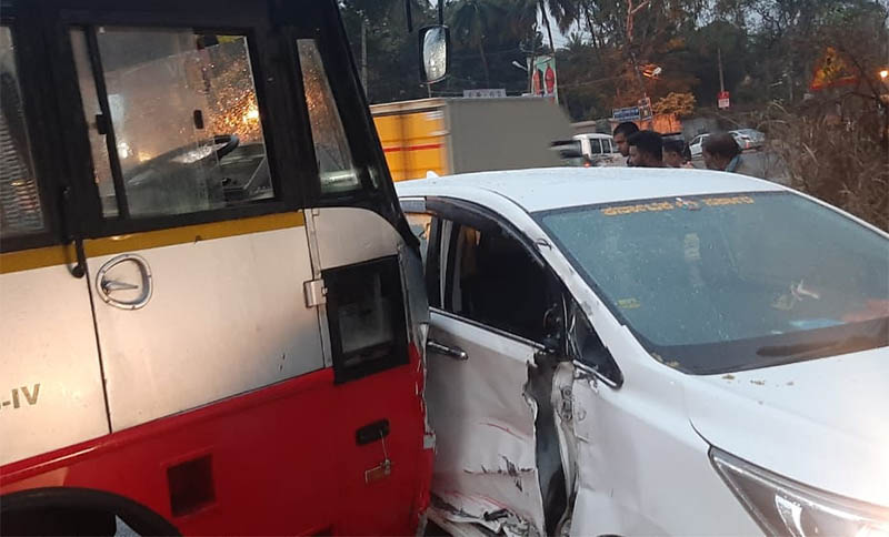 ಸಚಿವ ಕೋಟ ಶ್ರೀನಿವಾಸ ಪೂಜಾರಿ ಪ್ರಯಾಣಿಸುತ್ತಿದ್ದ ಕಾರಿಗೆ ಕೆಎಸ್‌ಆರ್‌ಟಿಸಿ ಬಸ್ ಢಿಕ್ಕಿ