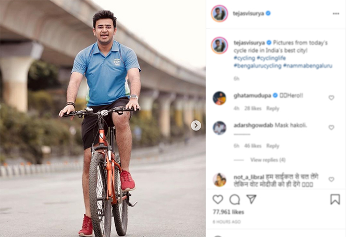 ಸೈಕಲ್‌ನಲ್ಲಿ ಸುತ್ತಾಡಿದ ಸಂಸದ ತೇಜಸ್ವಿ ಸೂರ್ಯ: ಮಾಸ್ಕ್ ಎಲ್ಲಿ ಎಂದು ಪ್ರಶ್ನಿಸಿದ ಜನತೆ