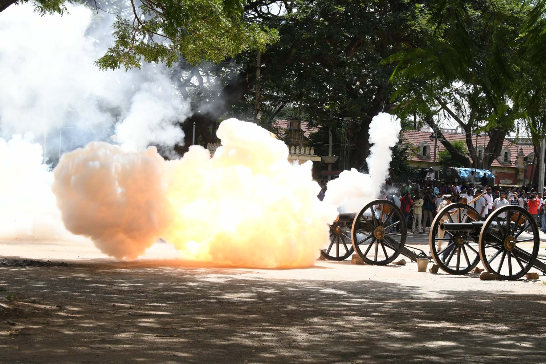 ಫಿರಂಗಿ ಗಾಡಿಗಳಿಂದ ಸಿಡಿದ ಕುಶಾಲತೋಪು: ಮತ್ತೆ ಬೆದರಿದ ಅಶ್ವತ್ಥಾಮ, ಗೋಪಾಲಸ್ವಾಮಿ ಲಕ್ಷ್ಮಿ ಆನೆಗಳು