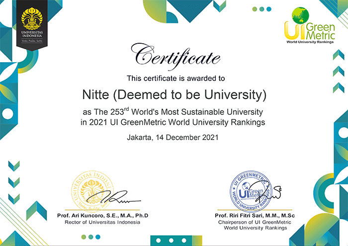 ನಿಟ್ಟೆ ವಿಶ್ವವಿದ್ಯಾನಿಲಯದ ಹಸಿರು ಉಪಕ್ರಮಗಳಿಗೆ ಅಂತಾರಾಷ್ಟ್ರೀಯ ಮನ್ನಣೆ