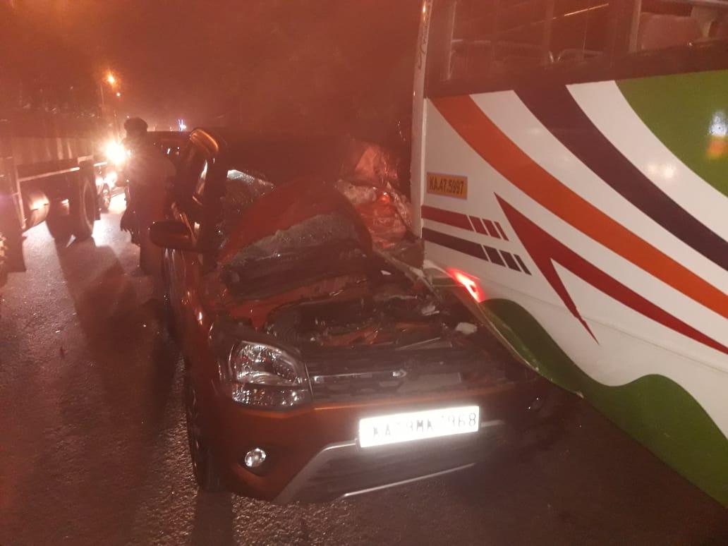 ಮುಕ್ಕ : ಕಾರು - ಬಸ್ ಮಧ್ಯೆ ಭೀಕರ ಅಪಘಾತ; ಮಗು ಸೇರಿ ನಾಲ್ವರಿಗೆ ಗಾಯ