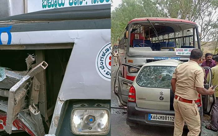 ಬೇಲೂರು: ಕೆಎಸ್ಸಾರ್ಟಸಿ ಬಸ್- ಕಾರು ಮಧ್ಯೆ ಢಿಕ್ಕಿ; ಐವರು ವಿದ್ಯಾರ್ಥಿಗಳು ಮೃತ್ಯು