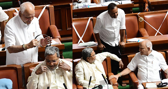 PHOTO- ವಿಧಾನಸಭೆಯಲ್ಲಿ ಕೈ-ಕೈ ಹಿಡಿದು ಒಟ್ಟಿಗೆ ಕೂತು ಸಿದ್ದರಾಮಯ್ಯ- ಬಿಎಸ್‍ವೈ ಮಾತುಕತೆ