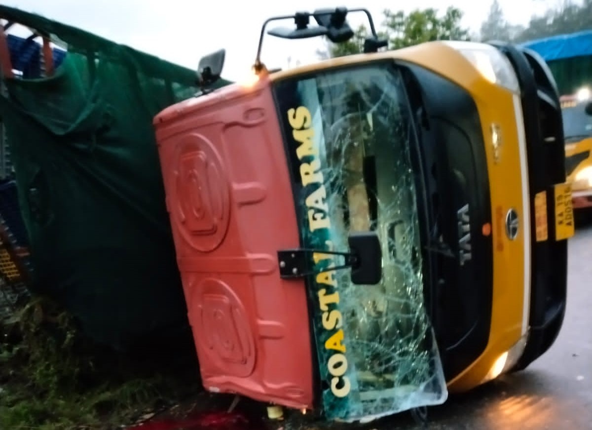 ​ಮಡಿಕೇರಿ; ಕೋಳಿ ಸಾಗಾಟದ ಲಾರಿ ಪಲ್ಟಿ: ಚಾಲಕ ಸ್ಥಳದಲ್ಲೇ ಮೃತ್ಯು