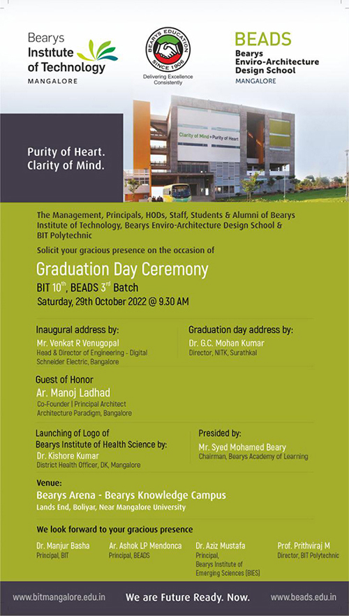 ಅ. 29ರಂದು BIT, BEADS  ಪದವಿ ಪ್ರದಾನ ಸಮಾರಂಭ