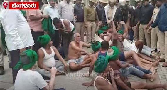 ಅಹೋ ರಾತ್ರಿ ಧರಣಿ ನಿರತ ಕಬ್ಬು ಬೆಳೆಗಾರ ರೈತರಿಂದ ವಿಧಾನಸೌಧದ ಕಡೆಗೆ ಉರುಳುಸೇವೆ