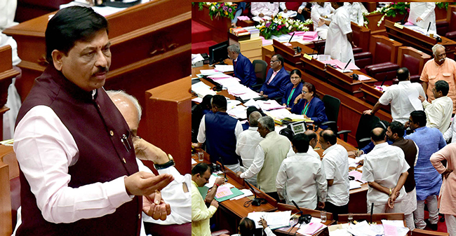 ಸಚಿವ ನಿರಾಣಿ ಮಾತಿಗೆ ಅವಕಾಶ ನೀಡುವಂತೆ ಸದನದ ಬಾವಿಗಿಳಿದು ಪಟ್ಟು ಹಿಡಿದ ವಿಪಕ್ಷ ಸದಸ್ಯರು