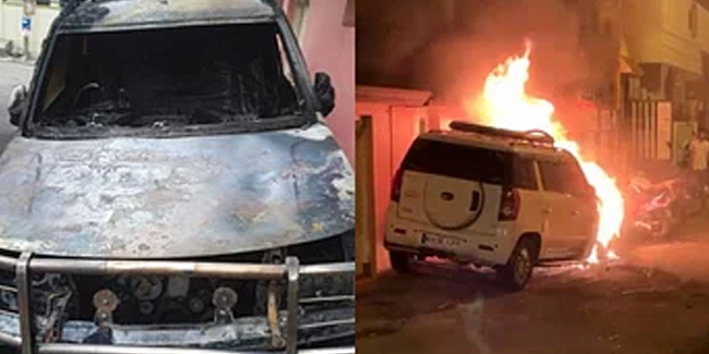 ಮನೆ ಮುಂದೆ ನಿಲ್ಲಿಸಿದ್ದ ಕಾರಿಗೆ ಬೆಂಕಿ ಹಚ್ಚಿದ ಕಿಡಿಗೇಡಿಗಳು: ಸಿಸಿಟಿವಿಯಲ್ಲಿ ಕೃತ್ಯ ಸೆರೆ