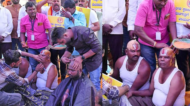 2ನೇ ದಿನಕ್ಕೆ ಕಾಲಿಟ್ಟ ನಗರ ಸ್ಥಳೀಯ ಸಂಸ್ಥೆಗಳ ಹೊರಗುತ್ತಿಗೆ ನೌಕರರ ಧರಣಿ: ತಲೆ ಬೋಳಿಸಿಕೊಂಡು ವಿನೂತನ ಪ್ರತಿಭಟನೆ